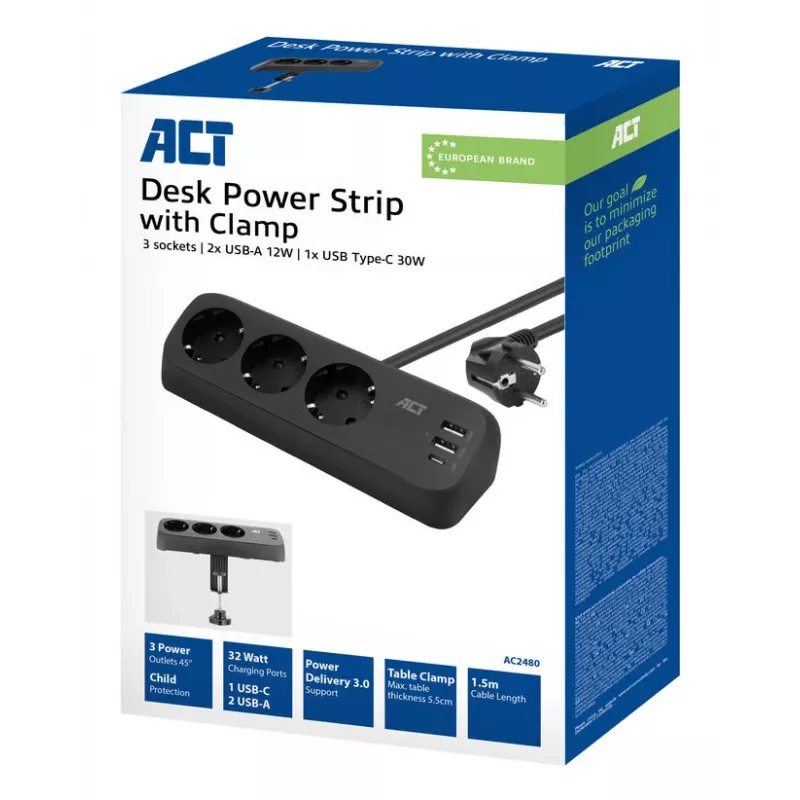 ACT listwa zasilająca biurkowa z 3 gniazdami typu F, Power Delivery 30 W, portami USB Type-C/A, długość kabla 1,5 metra