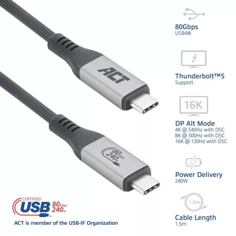 Kabel ACT USB4 80 Gb/s Thunderbolt 5 240 W USB Typu C, certyfikowany przez USB-IF, 1,5 metra