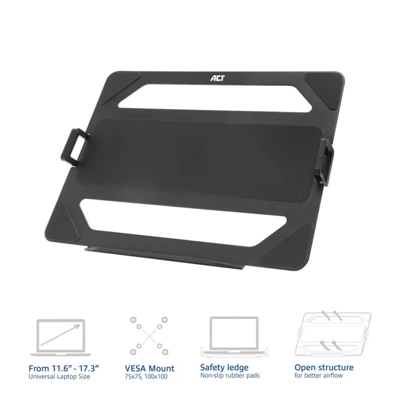 ACT Uniwersalna tacka na laptopa do ramion monitorowych, Czarny, Stal, 29,5 cm (11,6 cala), 43,9 cm (17,3 cala), 9 kg, 75 x 75 mm