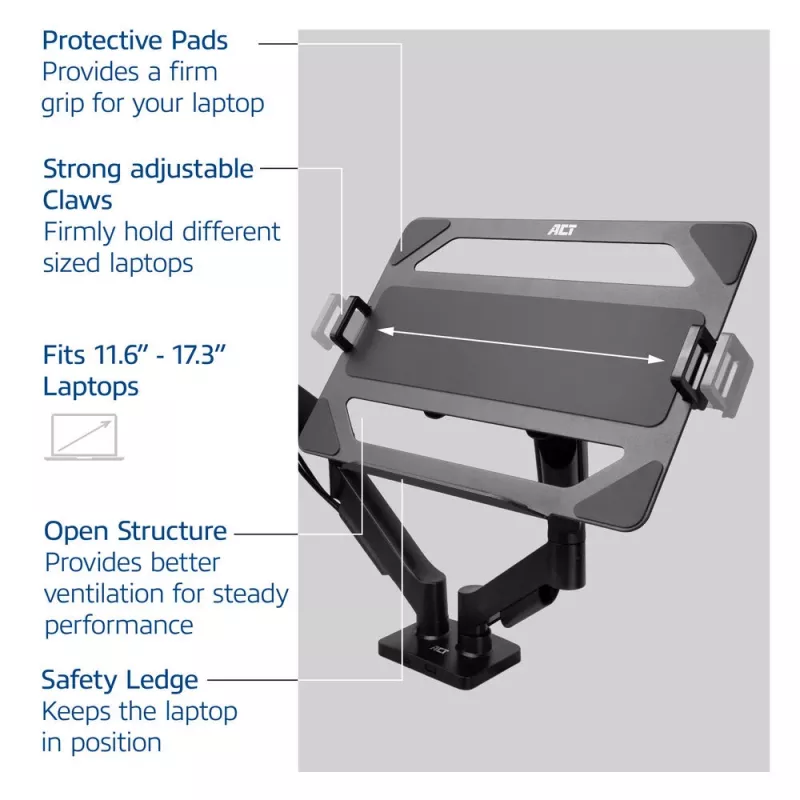 ACT Uniwersalna tacka na laptopa do ramion monitorowych, Czarny, Stal, 29,5 cm (11,6 cala), 43,9 cm (17,3 cala), 9 kg, 75 x 75 mm