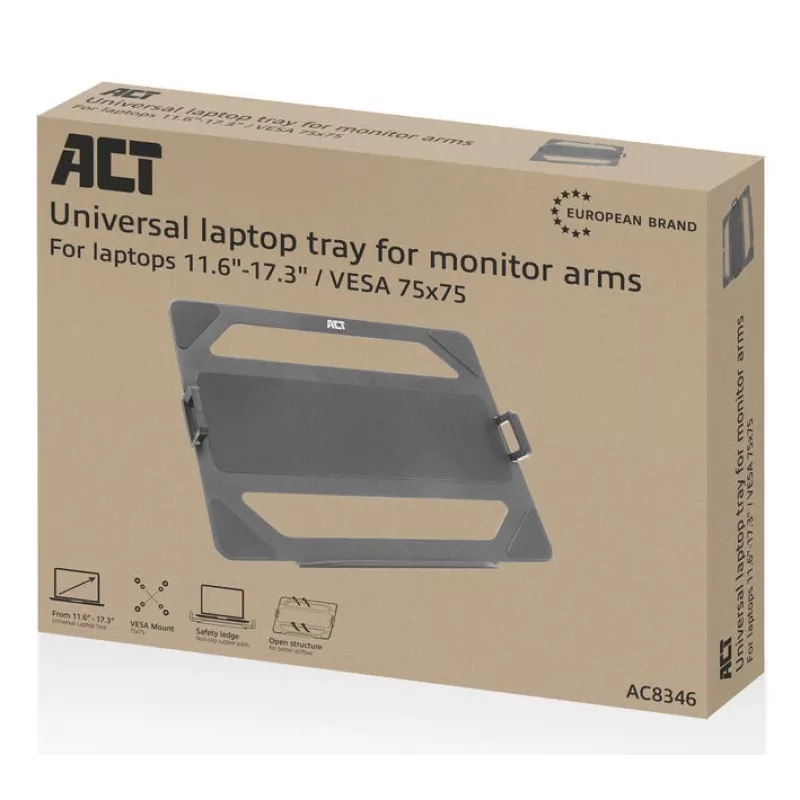 ACT Uniwersalna tacka na laptopa do ramion monitorowych, Czarny, Stal, 29,5 cm (11,6 cala), 43,9 cm (17,3 cala), 9 kg, 75 x 75 mm
