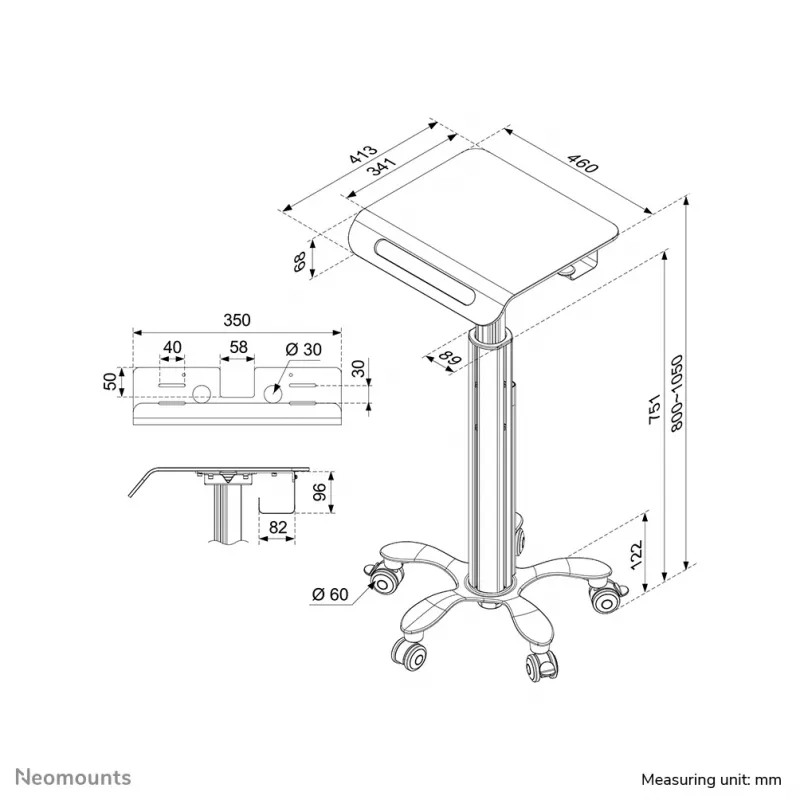 Neomounts MED-M050 Medyczny mobilny wózek roboczy 10-18 cali - sprężyna gazowa