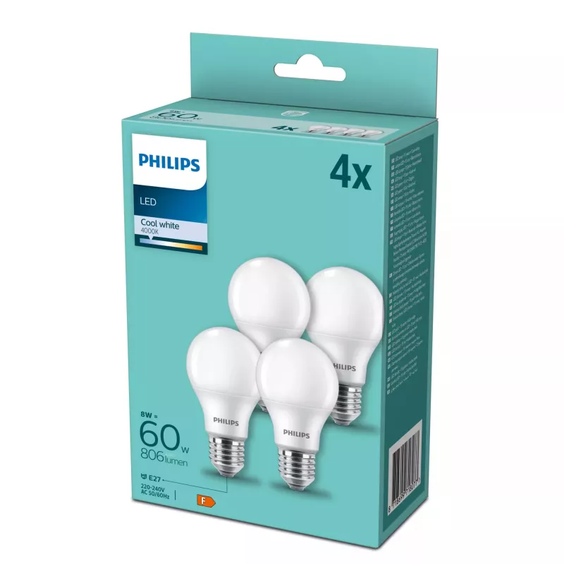 Lampa LED Philips E27 60W 4000K, 4 szt. — trzonek E27, 4000K biel neutralna