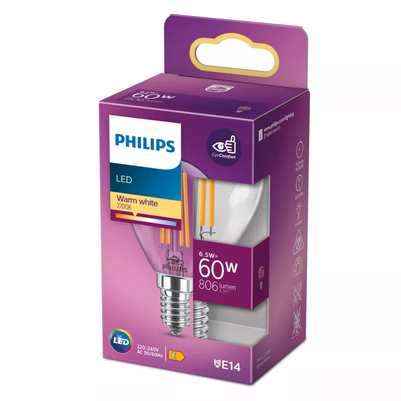 Philips Filament Candle Clear 60W P45 E14 6.5W Ciepła biel 806lm