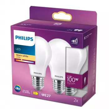 Philips Żarówka Filamentowa Matowa 100W A60 E27 x2, 10,5 W, 100 W, E27, 1521 lm, 15000 h, Ciepła biel