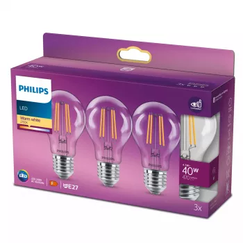 Philips Filament Bulb Clear 40W A60 E27 x3, 4,3 W, 40 W, E27, 470 lm, 15000 h, ciepła biel