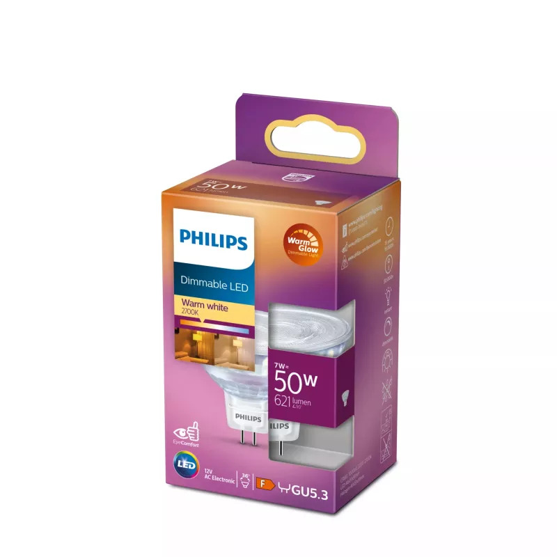 Żarówka punktowa Philips MR16 GU5.3 7W (odpowiednik 50W), 621 lm, 2200K ciepła biel, kąt 36°, CRI 80, 15000 h