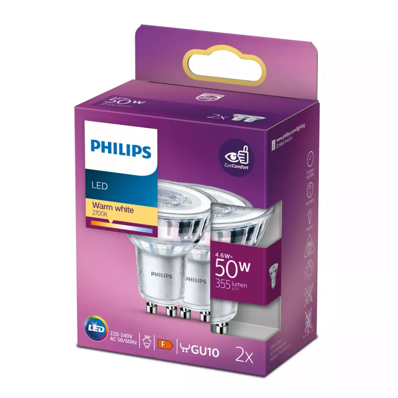 Philips Spot 50W PAR16 GU10 x2, 4,6 W, 50 W, GU10, 355 lm, 15000 h, ciepła biel