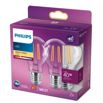Philips Filament Bulb Clear 40W A60 E27 x2, 4,3 W, 40 W, E27, 470 lm, 15000 h, Ciepła biel