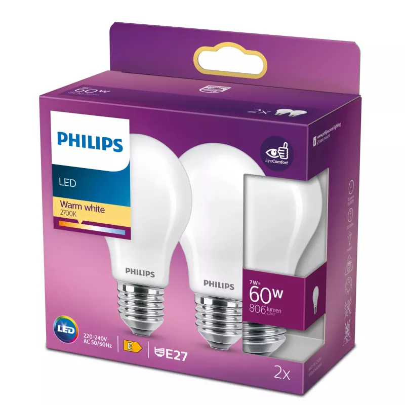 Żarówka LED filamentowa Philips A60 E27 7 W (odpowiednik 60 W), 2700 K, 806 lm, matowa — zestaw 2 szt.