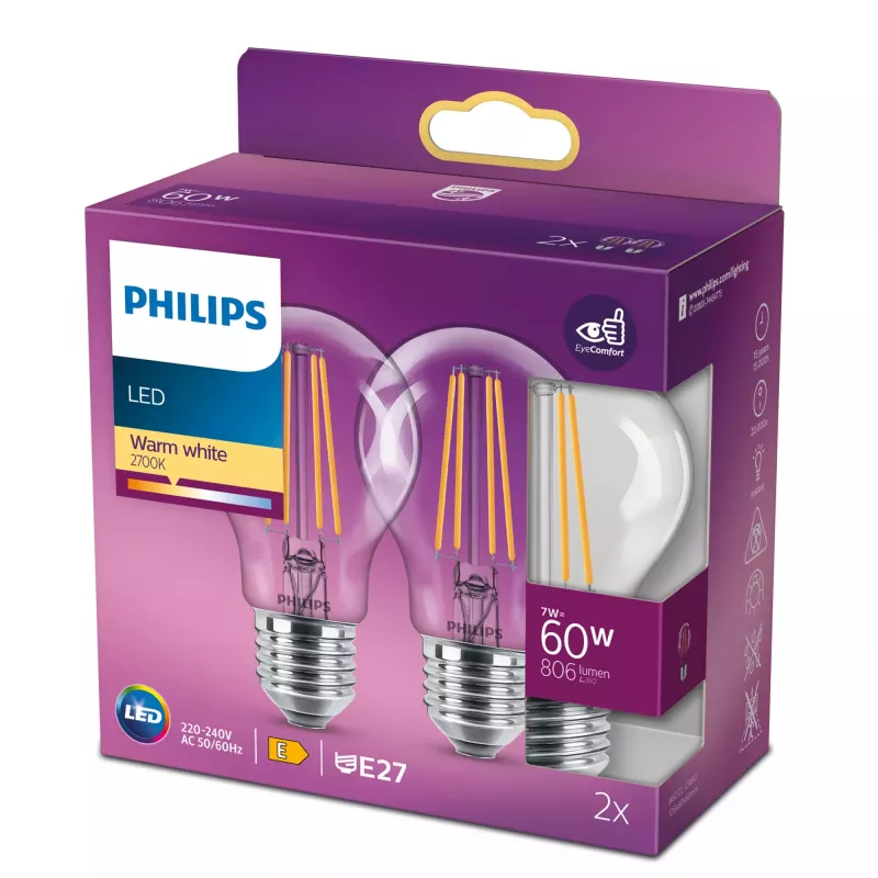 Żarówka LED z żarnikiem Philips A60 7 W (odpowiednik 60 W) E27 przezroczysta 2700 K 2 szt.