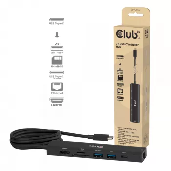 Koncentrator USB-C na HDMI CLUB3D 7-1 — przewodowy, Gigabit Ethernet, czarny, 136×34×94.5 mm