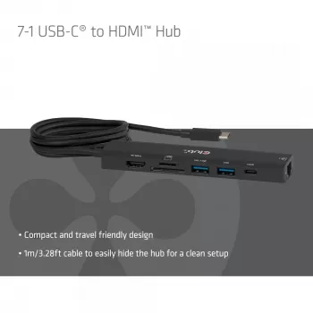 Koncentrator USB-C na HDMI CLUB3D 7-1 — przewodowy, Gigabit Ethernet, czarny, 136×34×94.5 mm