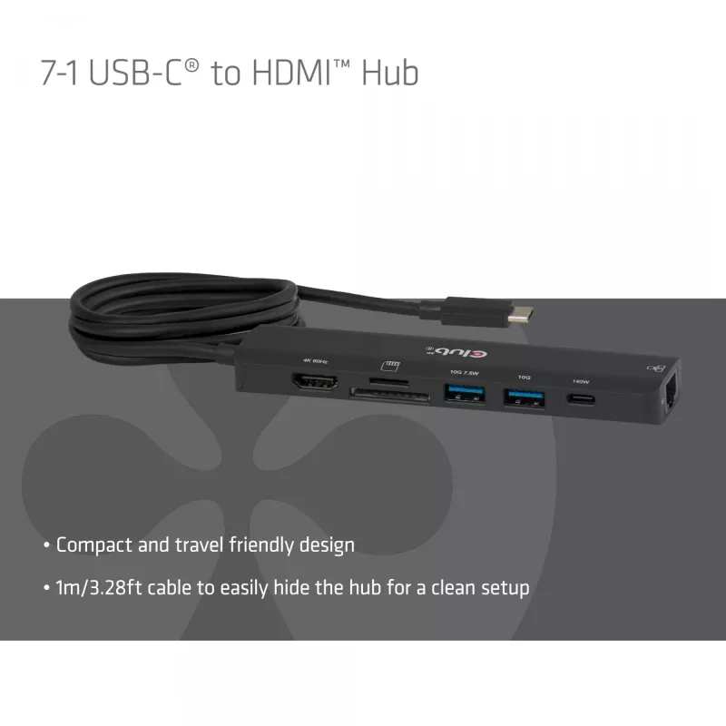 Koncentrator USB-C na HDMI CLUB3D 7-1 — przewodowy, Gigabit Ethernet, czarny, 136×34×94.5 mm