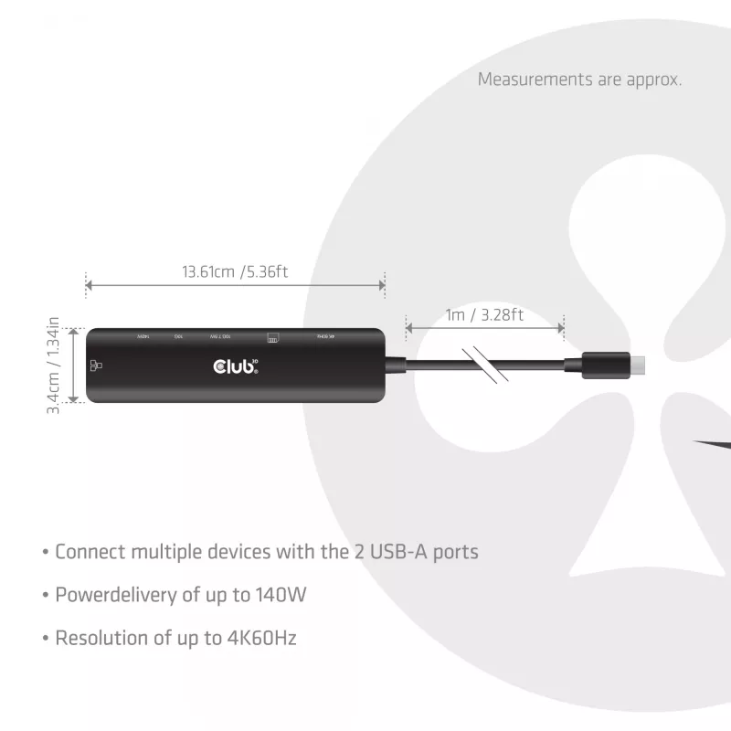 Koncentrator USB-C na HDMI CLUB3D 7-1 — przewodowy, Gigabit Ethernet, czarny, 136×34×94.5 mm