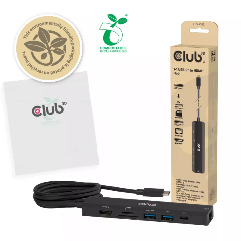 Koncentrator USB-C na HDMI CLUB3D 7-1 — przewodowy, Gigabit Ethernet, czarny, 136×34×94.5 mm