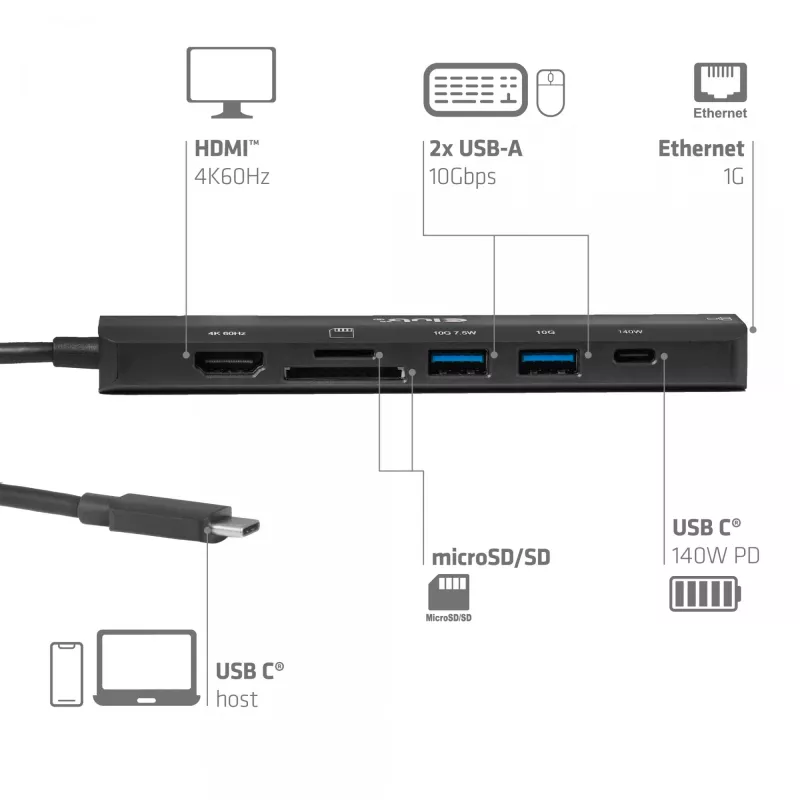 Koncentrator USB-C na HDMI CLUB3D 7-1 — przewodowy, Gigabit Ethernet, czarny, 136×34×94.5 mm