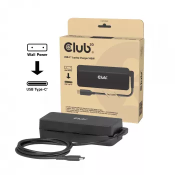 Ładowarka do laptopa USB-C CLUB 3D 140W, zasilanie AC, uniwersalna kompatybilność, kabel 1 m, czarna