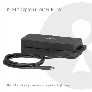 Ładowarka do laptopa USB-C CLUB 3D 140W, zasilanie AC, uniwersalna kompatybilność, kabel 1 m, czarna