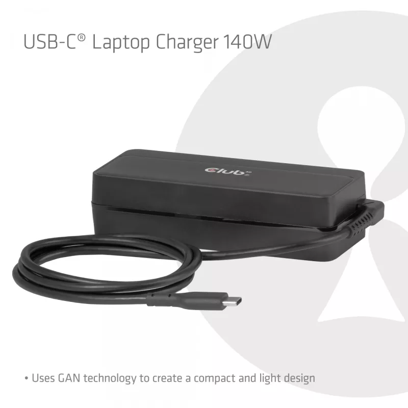 Ładowarka do laptopa USB-C CLUB 3D 140W, zasilanie AC, uniwersalna kompatybilność, kabel 1 m, czarna