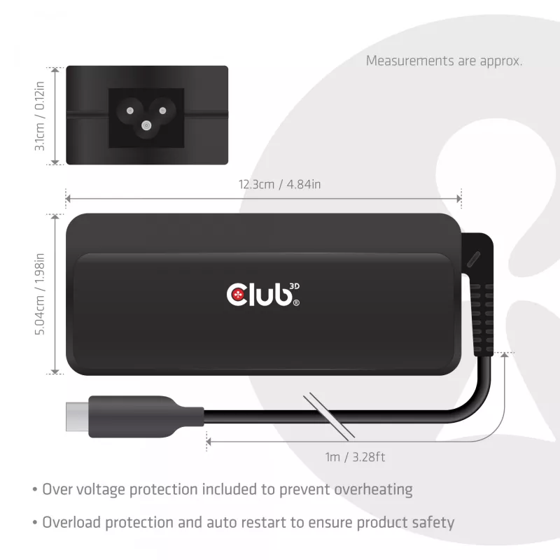 Ładowarka do laptopa USB-C CLUB 3D 140W, zasilanie AC, uniwersalna kompatybilność, kabel 1 m, czarna