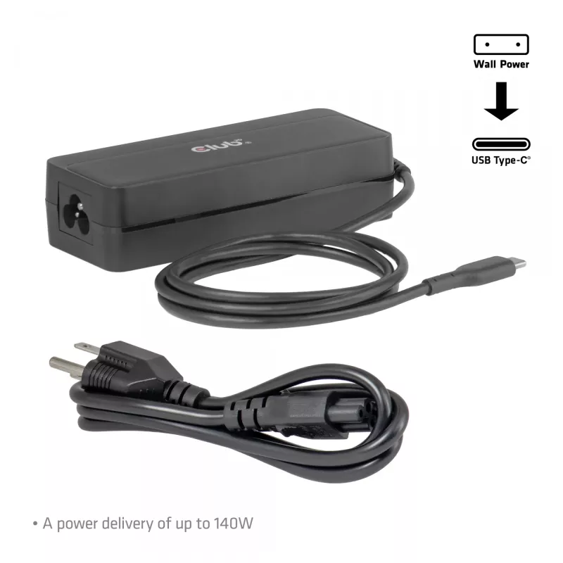 Ładowarka do laptopa USB-C CLUB 3D 140W, zasilanie AC, uniwersalna kompatybilność, kabel 1 m, czarna