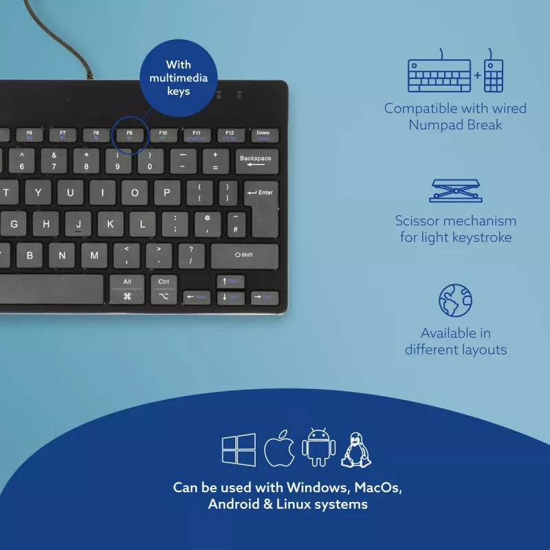 R-Go Tools Ergonomiczna klawiatura R-Go Compact Break, kompaktowa klawiatura z oprogramowaniem do przerw, QWERTY (UK), przewodowa, czarna