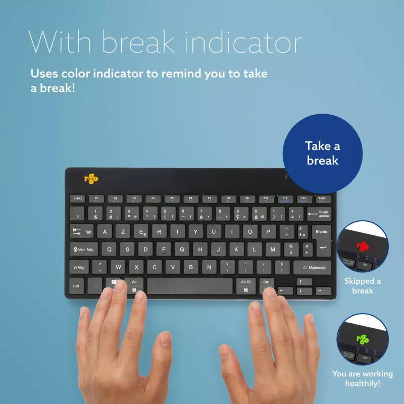 R-Go Tools Ergonomic klawiatura R-Go Compact Break, klawiatura kompaktowa z oprogramowaniem do przerw, AZERTY (FR), Bluetooth, czarna