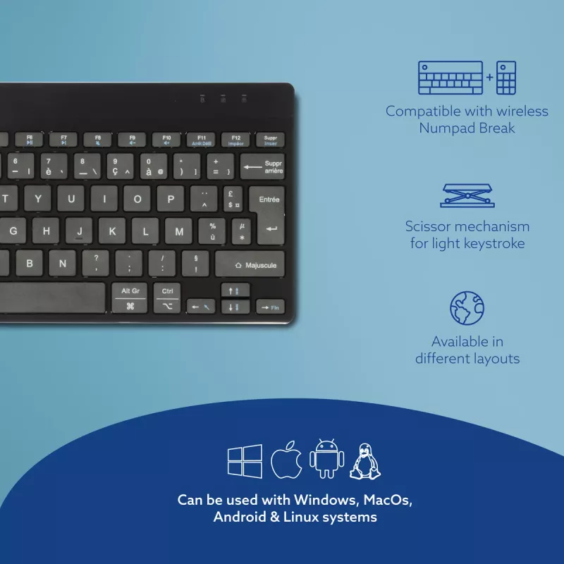 R-Go Tools Ergonomic klawiatura R-Go Compact Break, klawiatura kompaktowa z oprogramowaniem do przerw, AZERTY (FR), Bluetooth, czarna