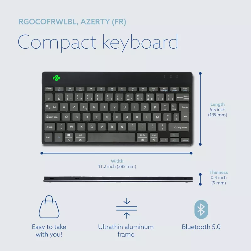 R-Go Tools Ergonomic klawiatura R-Go Compact Break, klawiatura kompaktowa z oprogramowaniem do przerw, AZERTY (FR), Bluetooth, czarna