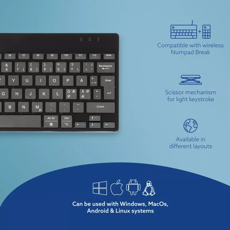 Ergonomiczna klawiatura R-Go Tools R-Go Compact Break, klawiatura kompaktowa z oprogramowaniem przerw, QWERTY (NORDYCKA), Bluetooth, czarna