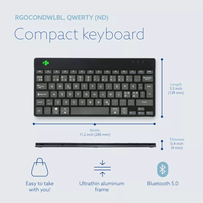 Ergonomiczna klawiatura R-Go Tools R-Go Compact Break, klawiatura kompaktowa z oprogramowaniem przerw, QWERTY (NORDYCKA), Bluetooth, czarna