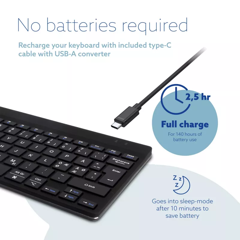Ergonomiczna klawiatura R-Go Tools R-Go Compact Break, klawiatura kompaktowa z oprogramowaniem przerw, QWERTY (NORDYCKA), Bluetooth, czarna