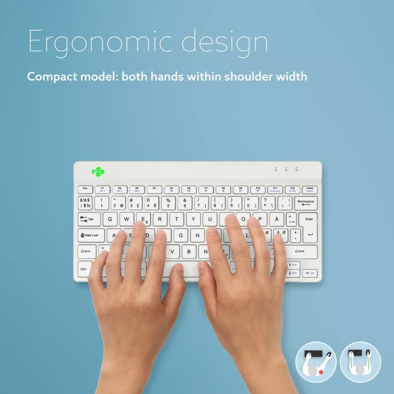 Klawiatura ergonomiczna R-Go Tools R-Go Compact Break, kompaktowa klawiatura z oprogramowaniem do przerw, QWERTY (NORDYCKI), Bluetooth, biała