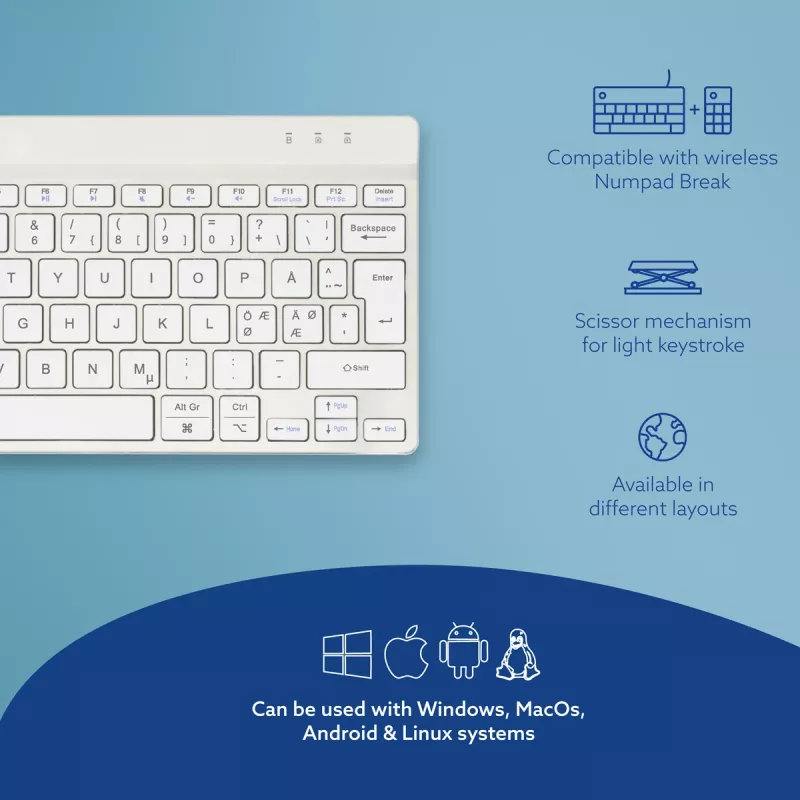 Klawiatura ergonomiczna R-Go Tools R-Go Compact Break, kompaktowa klawiatura z oprogramowaniem do przerw, QWERTY (NORDYCKI), Bluetooth, biała