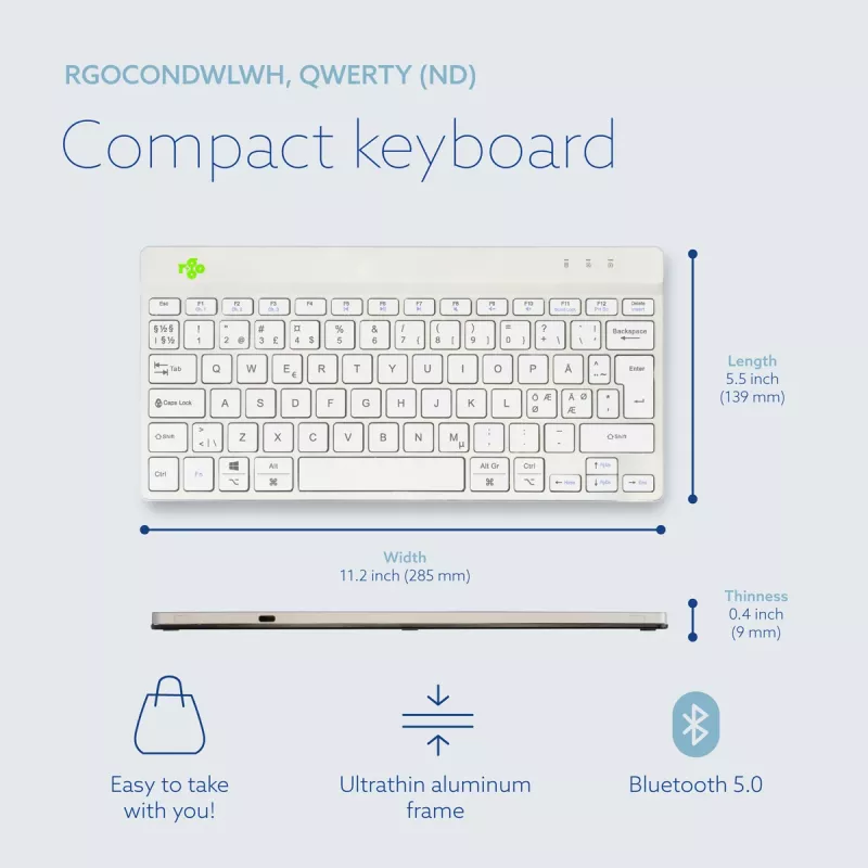 Klawiatura ergonomiczna R-Go Tools R-Go Compact Break, kompaktowa klawiatura z oprogramowaniem do przerw, QWERTY (NORDYCKI), Bluetooth, biała
