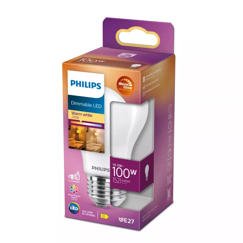 Philips Filament Bulb Frosted 100W A60 E27, 10.5 W, 100 W, E27, 1521 lm, 15000 h, Ciepły blask