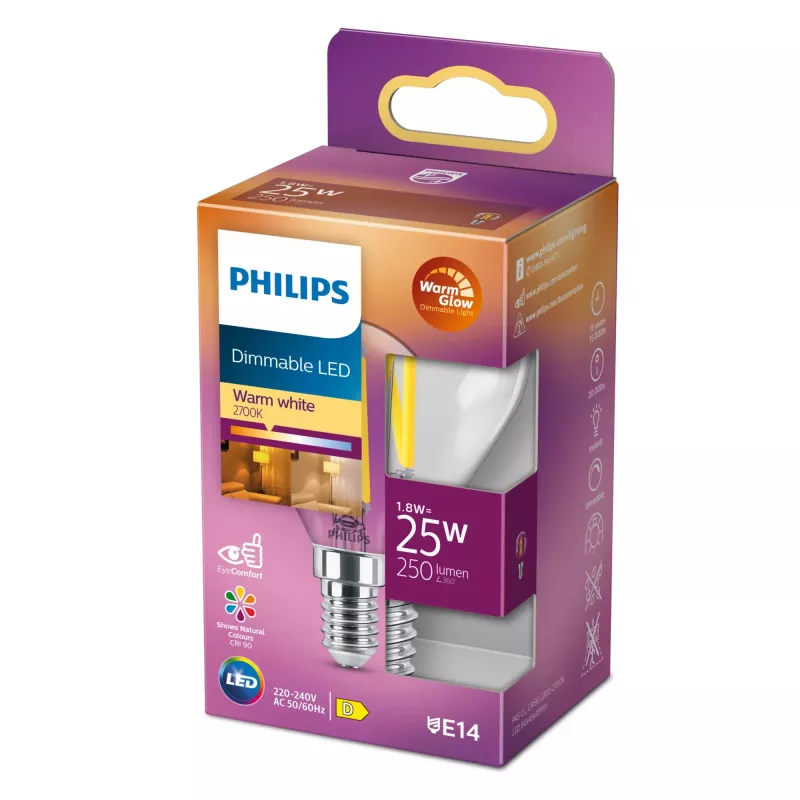 Philips Filament Candle Clear 25W P45 E14, 2.5 W, 25 W, E14, 340 lm, 15000 h, Ciepły blask