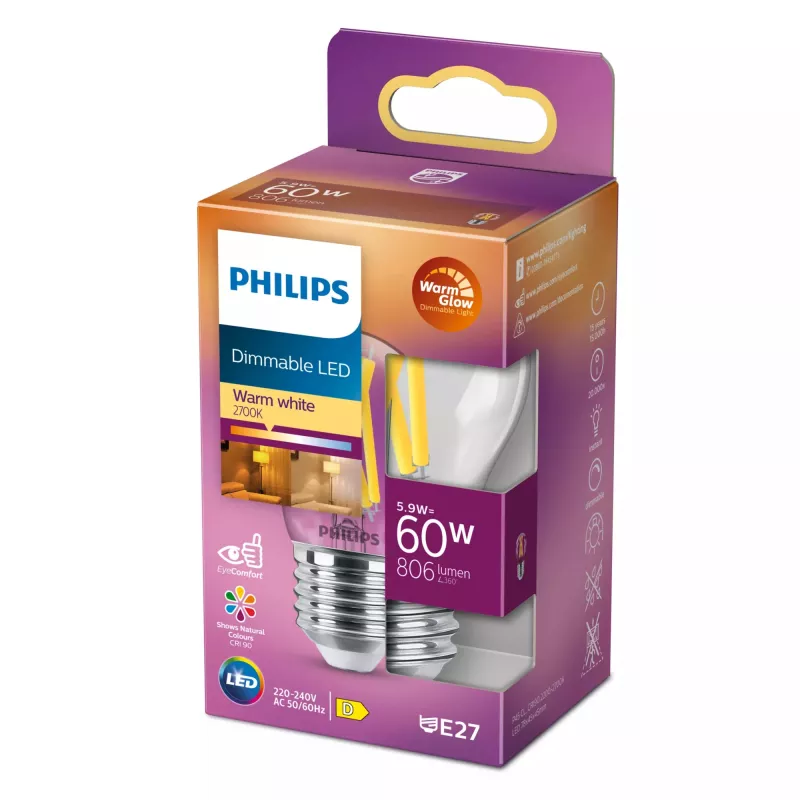 Philips Filament Candle Clear 60W P45 E27, 5,9 W, 60 W, E27, 806 lm, 15000 h, ciepła poświata