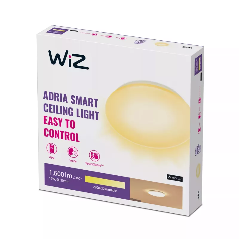 Inteligentna lampa sufitowa Wiz Adria Ceiling 17 W — Wi‑Fi/Bluetooth, 320×68 mm, biała