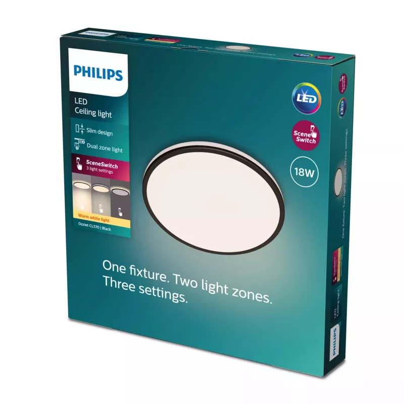 Lampa sufitowa Philips Functional Ozziet 18 W LED, okrągła, czarna, niewymienna żarówka, 220–240V
