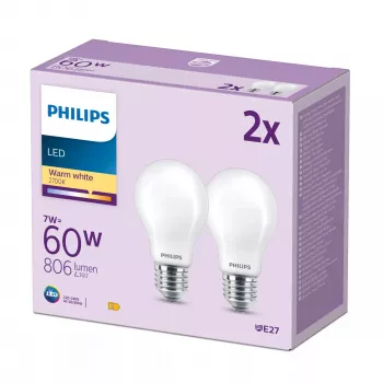 Philips Filament Bulb Frosted 60W A60 E27 x2, 7 W, 60 W, E27, 806 lm, 15000 h, Ciepła biel