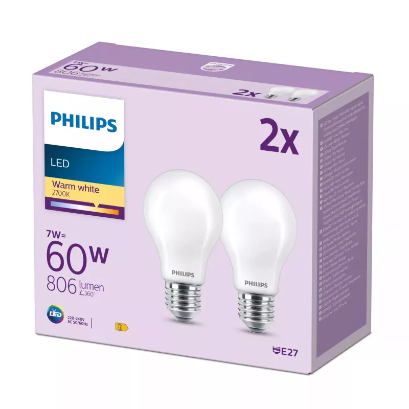 Philips Filament Bulb Frosted 60W A60 E27 x2, 7 W, 60 W, E27, 806 lm, 15000 h, Ciepła biel
