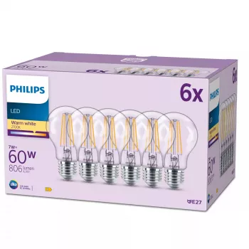 Philips Żarówka Filamentowa Mrożona 60W A60 E27 x6, 7 W, 60 W, E27, 806 lm, 15000 h, Ciepła biel