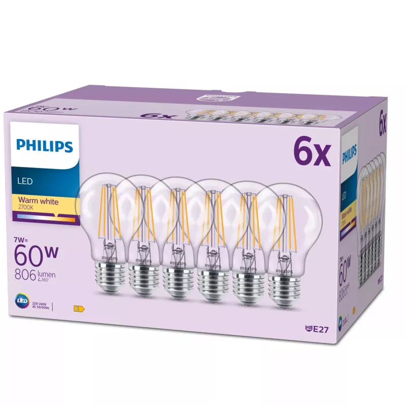Philips Żarówka Filamentowa Mrożona 60W A60 E27 x6, 7 W, 60 W, E27, 806 lm, 15000 h, Ciepła biel
