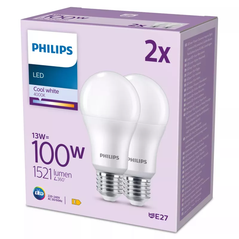 Philips Bulb 100W A67 E27 x2, 13 W, 100 W, E27, 1521 lm, 15000 h, Chłodna biel