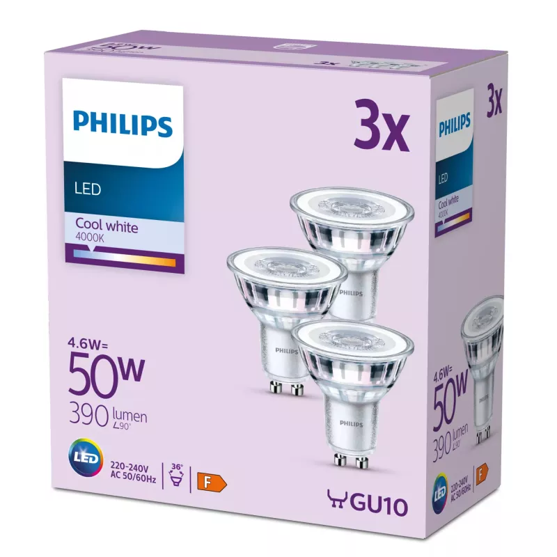Philips Spot 50W PAR16 GU10 x3, 4,6 W, 50 W, GU10, 390 lm, 15000 h, Chłodna biel