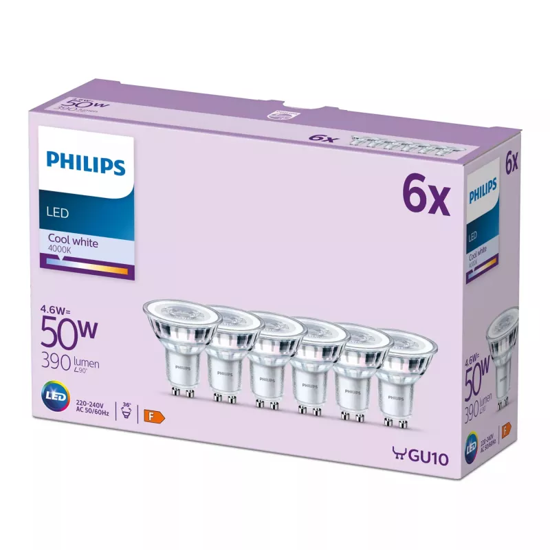 Philips Spot 50W PAR16 GU10 x6, 4,6 W, 50 W, GU10, 390 lm, 15000 h, Zimna biel
