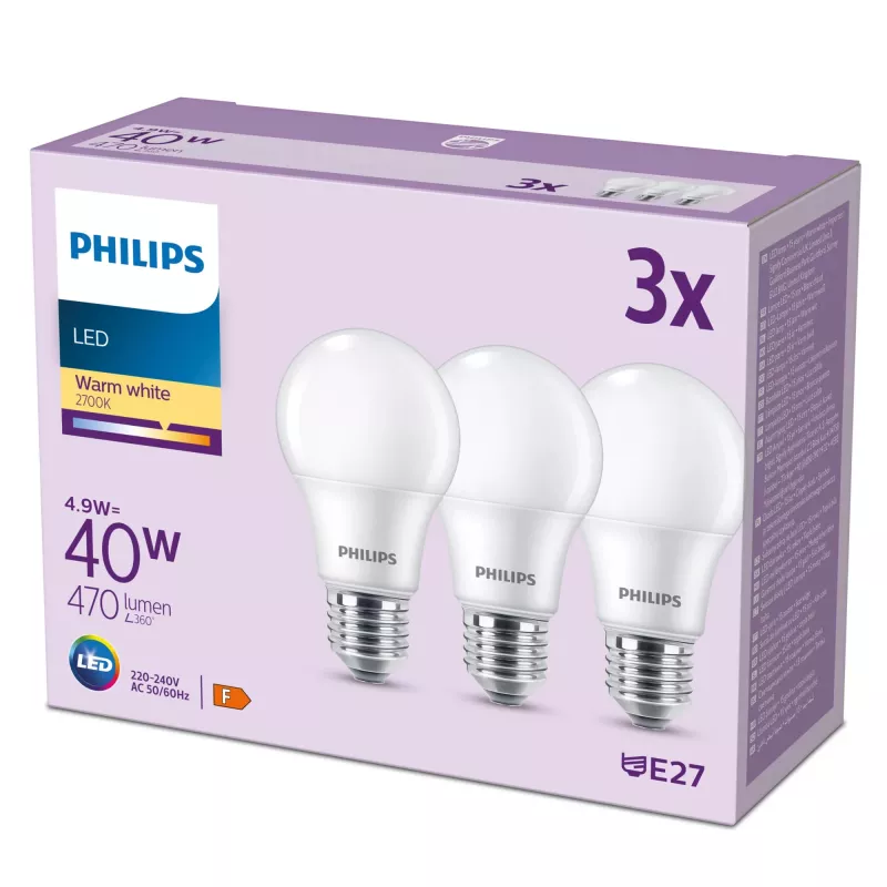 Philips Bulb 40W A60 E27 x3, 4.9 W, 40 W, E27, 470 lm, 15000 h, Ciepła biel