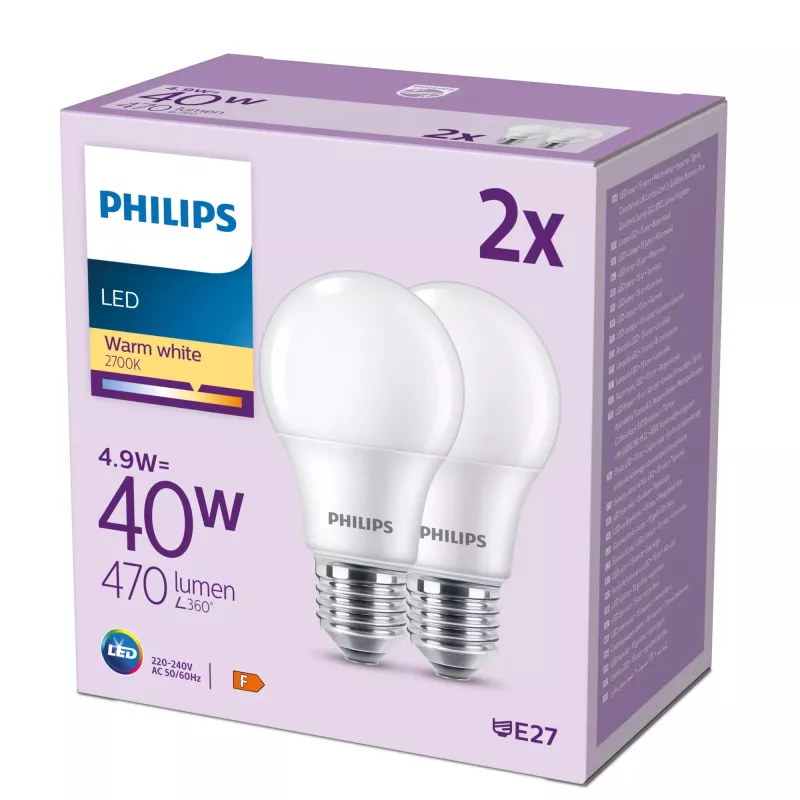 Żarówka Philips 40 W A60 E27 x2, 4,9 W, 40 W, E27, 470 lm, 15 000 h, ciepła biel
